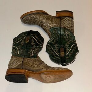 Green and Tan Embossed Leather Western Boots